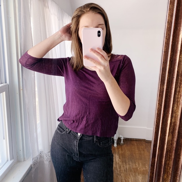 Forever 21 S Purple Lace 3/4 Sleeve Crop Top - Picture 2 of 5